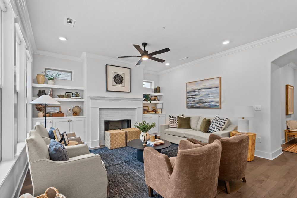 Bright living room with fireplace